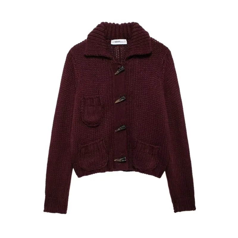 TRAF Coarse needle Knit Cardigan For Women Autumn With Button Decoration Casual Pocket Long Sleeves Sweaters Female Cardigans