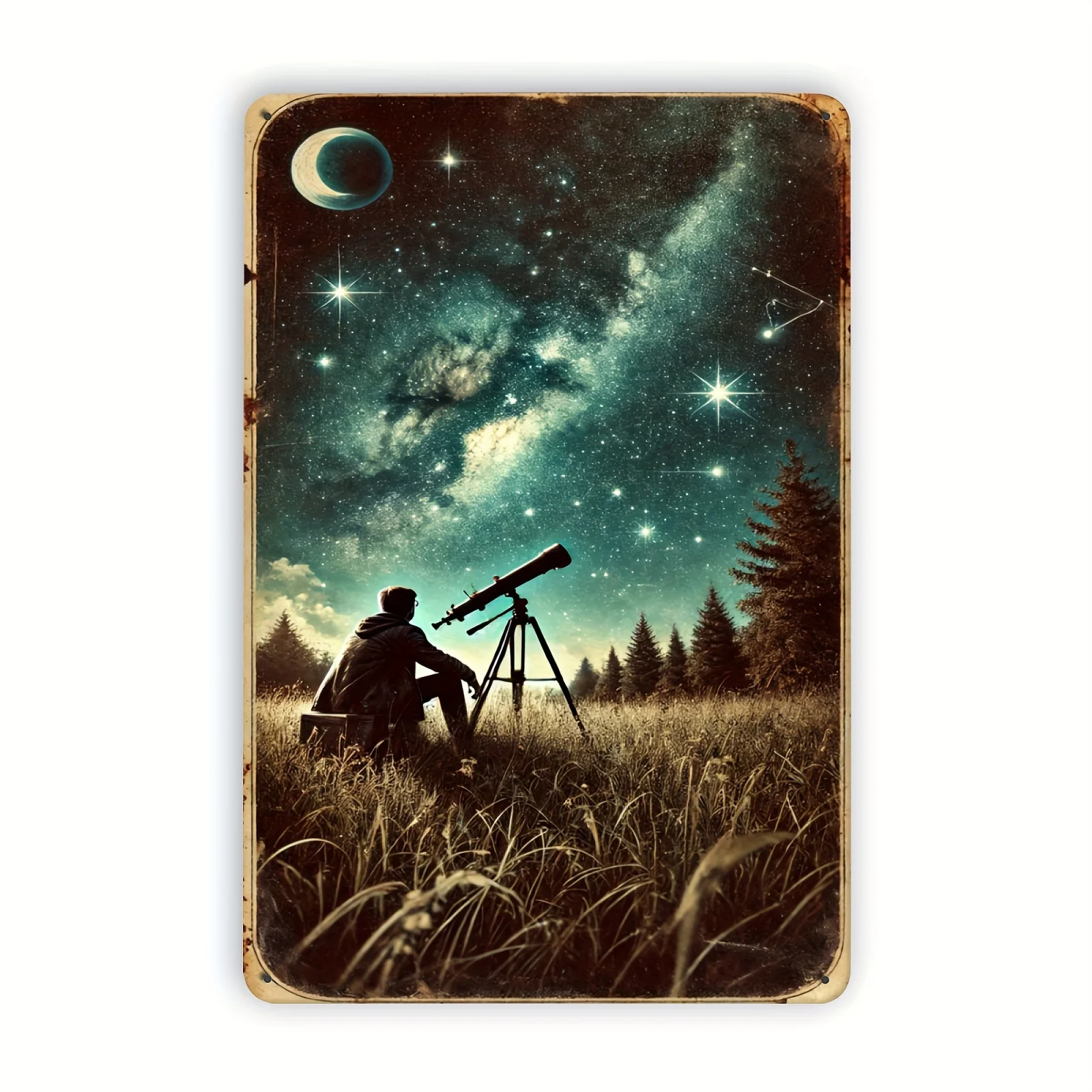 1PC American Lonely Starry Nights Vintage Metal Wall Decor - 8X12 Inch Tintype Oil Painting for Home and Office Decoration