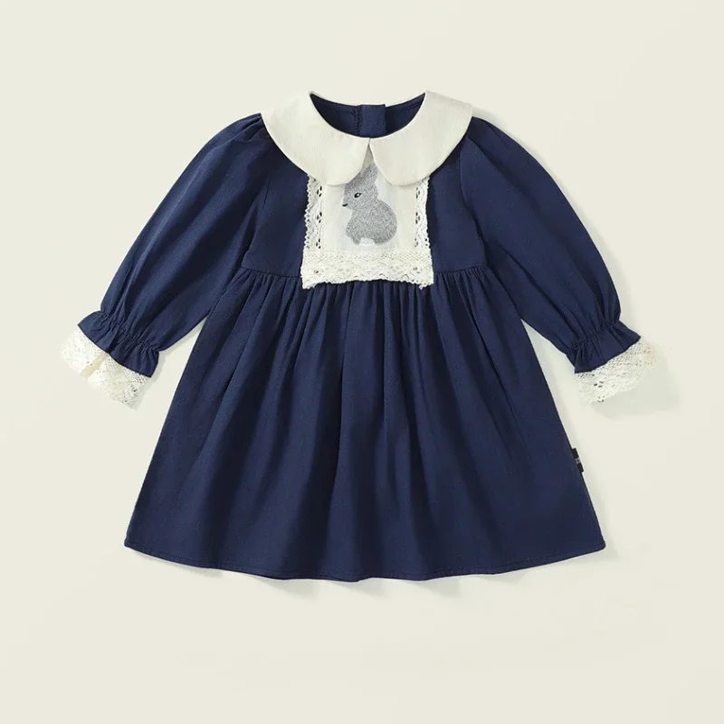 HoneyCherry Girls Doll Collar Rabbit Embroidery Dress Fashion Long Sleeve Navy Lapel Princess Dresses