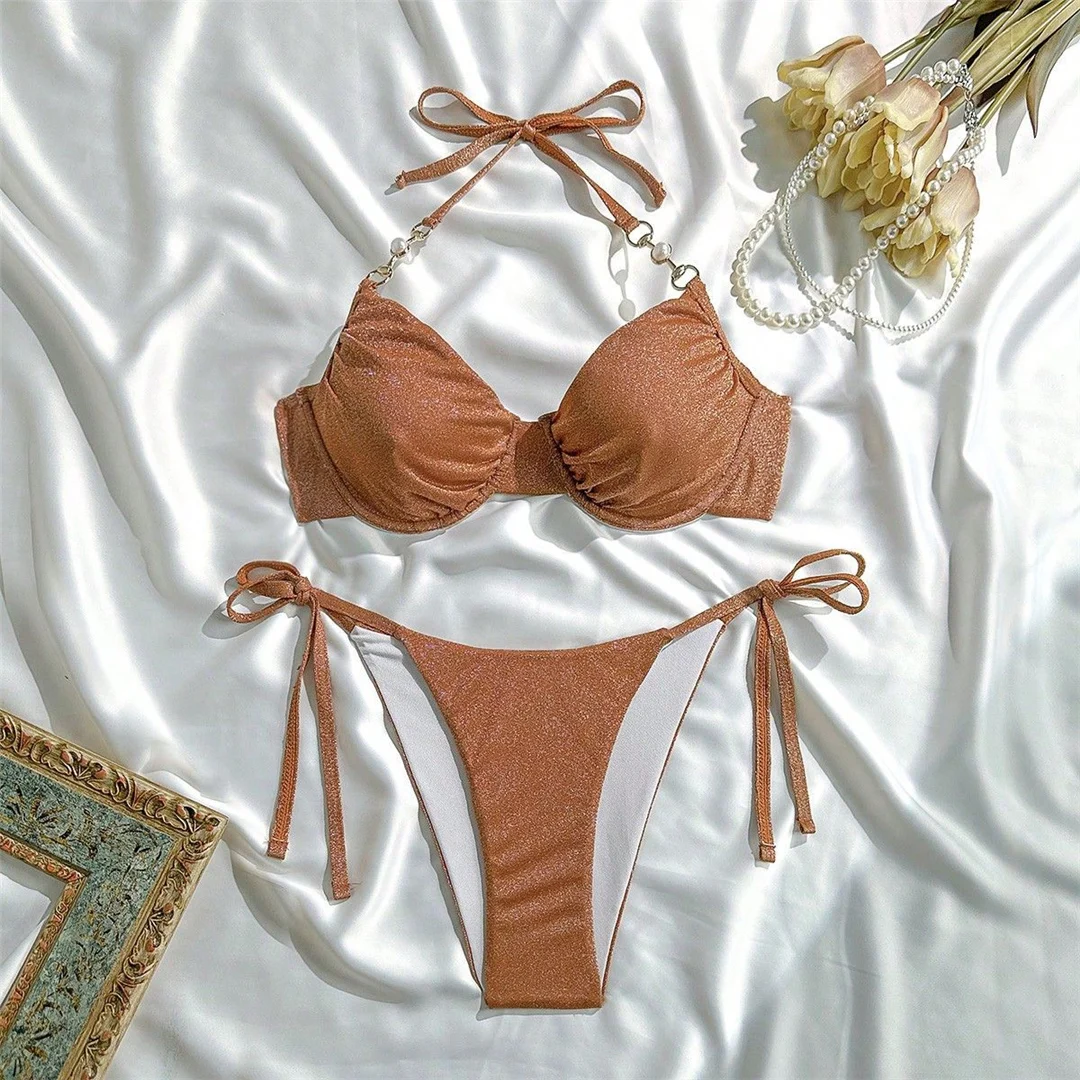 XS - L Glänzender Neckholder-Bikini mit Perlen und Bügel, Damen-Badeanzug, zweiteiliger Bikini-Set, Badebekleidung, Badeanzug, Schwimmbekleidung V6948 – Detail 8