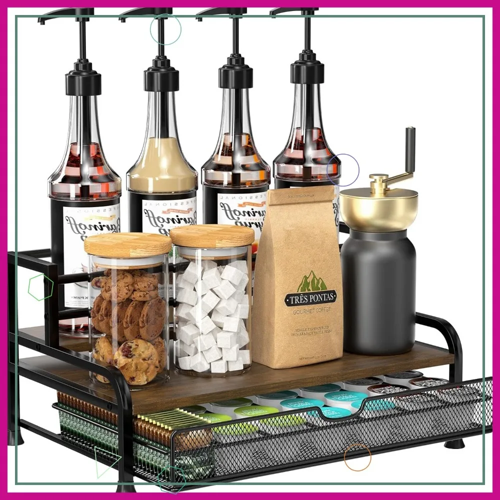 

3-Tier Coffee Syrup Organizer with 8 Bottle Holder and 35 K-Cup Storage Basket for Kitchen Countertop