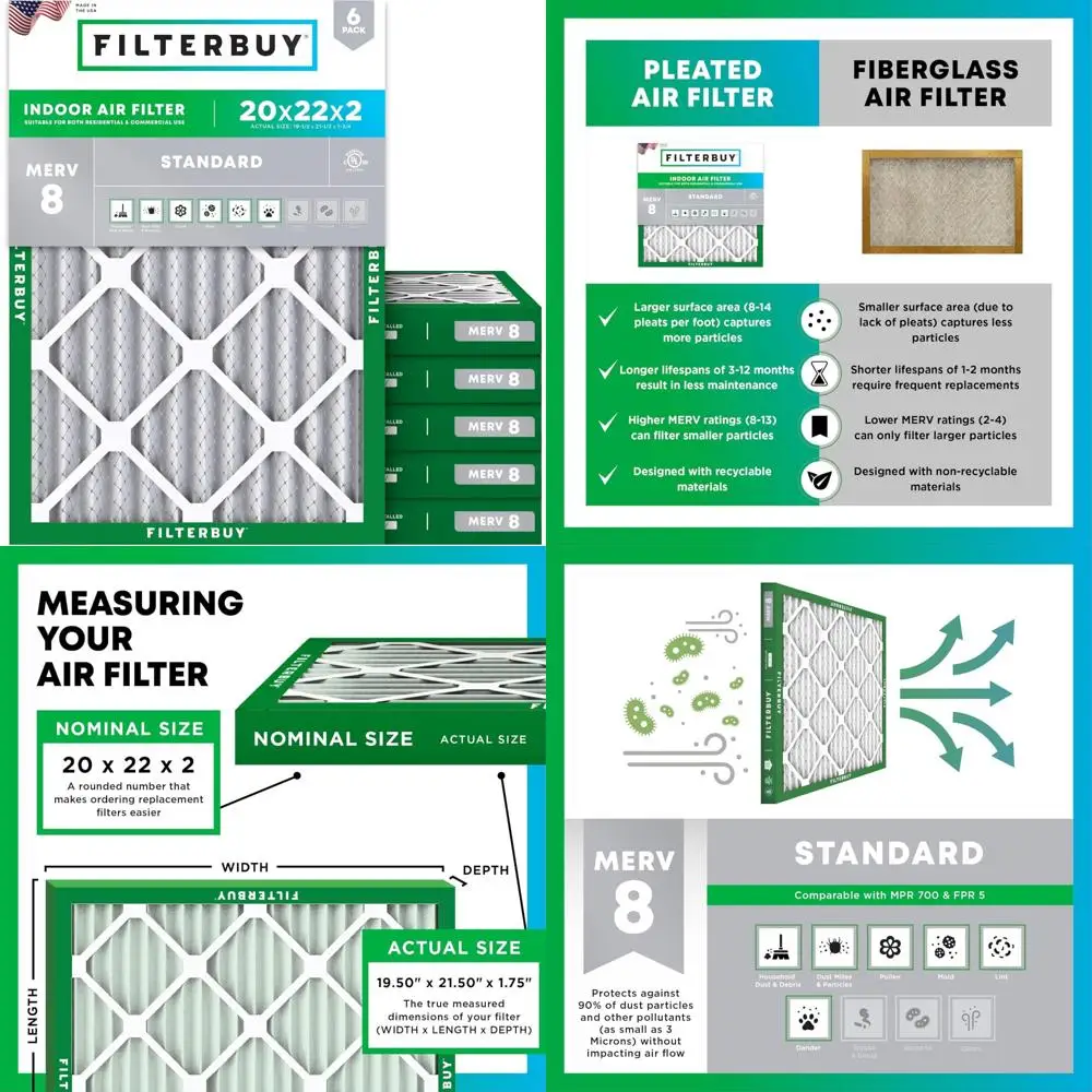 Air Filter MERV 8, 20x22x2 Size, 6-Pack, Pleated Electrostatic HVAC AC Furnace Filters, Dust Defense Replacement, High Efficienc