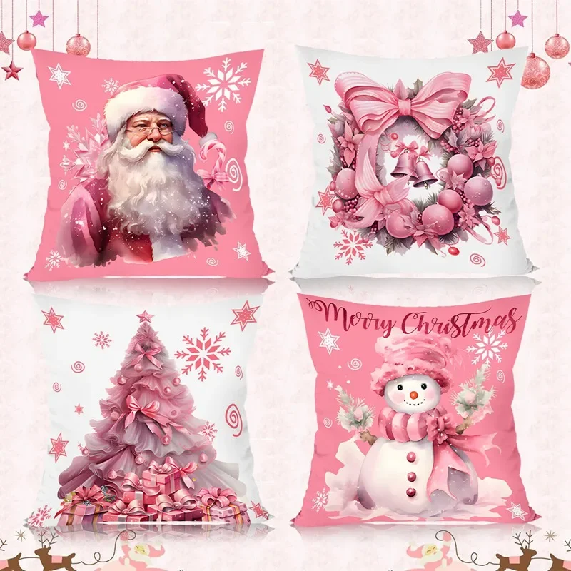 4Pcs/Set Christmas Throw Pillow Cover Pink Cushion Cover Christmas Decorations for Home 2024 Bedroom Navidad Natal Gifts NewYear