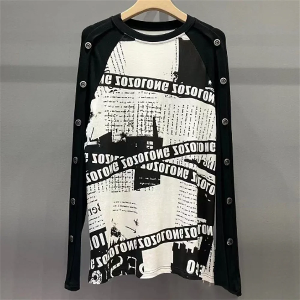 

newspaper printed T-shirt women's long-sleeved spliced pleated T-shirt blouse