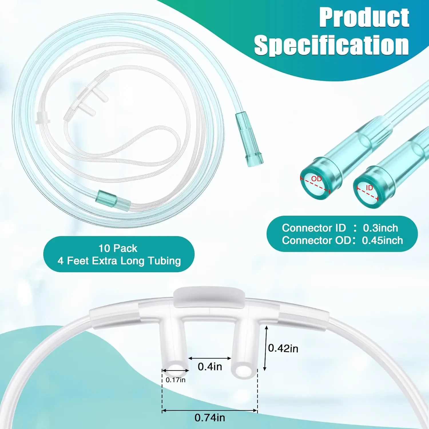 10-Pack Adult Oxygen Nasal Cannulas, Soft Oxygen Tubes for Adults, Nasal Cannulas with Soft Curved Nasal Clips, High-Flow Lightweight Tubes (Green)