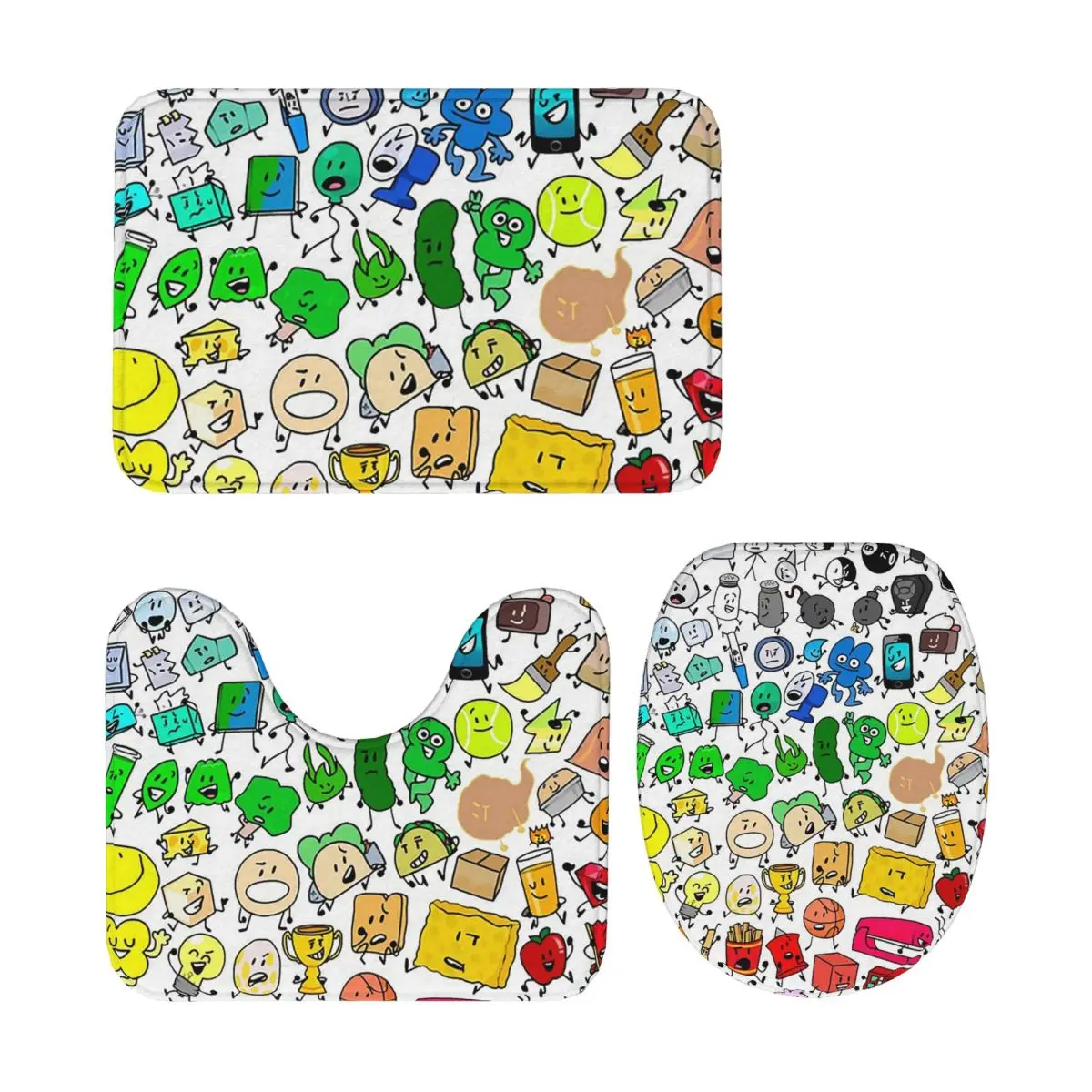 

BFDI Inanimate Insanity All Characters 3 Piece Bath Mat Bathroom Set Toilet Lid Cover Home Decor Non-Slip Carpet Floor Rug