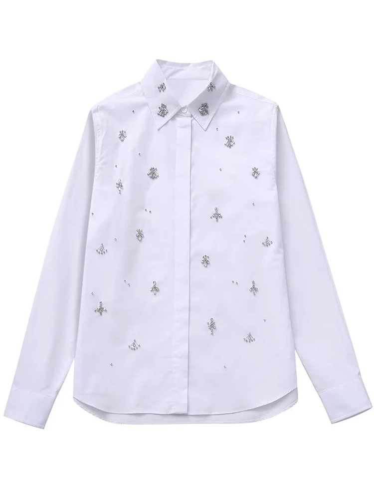 Luxury Collection Rhinestone shirt Women 2024 Spring Summer White Beading Polo collar long sleeve blouse tops Korean INKEO 3T204