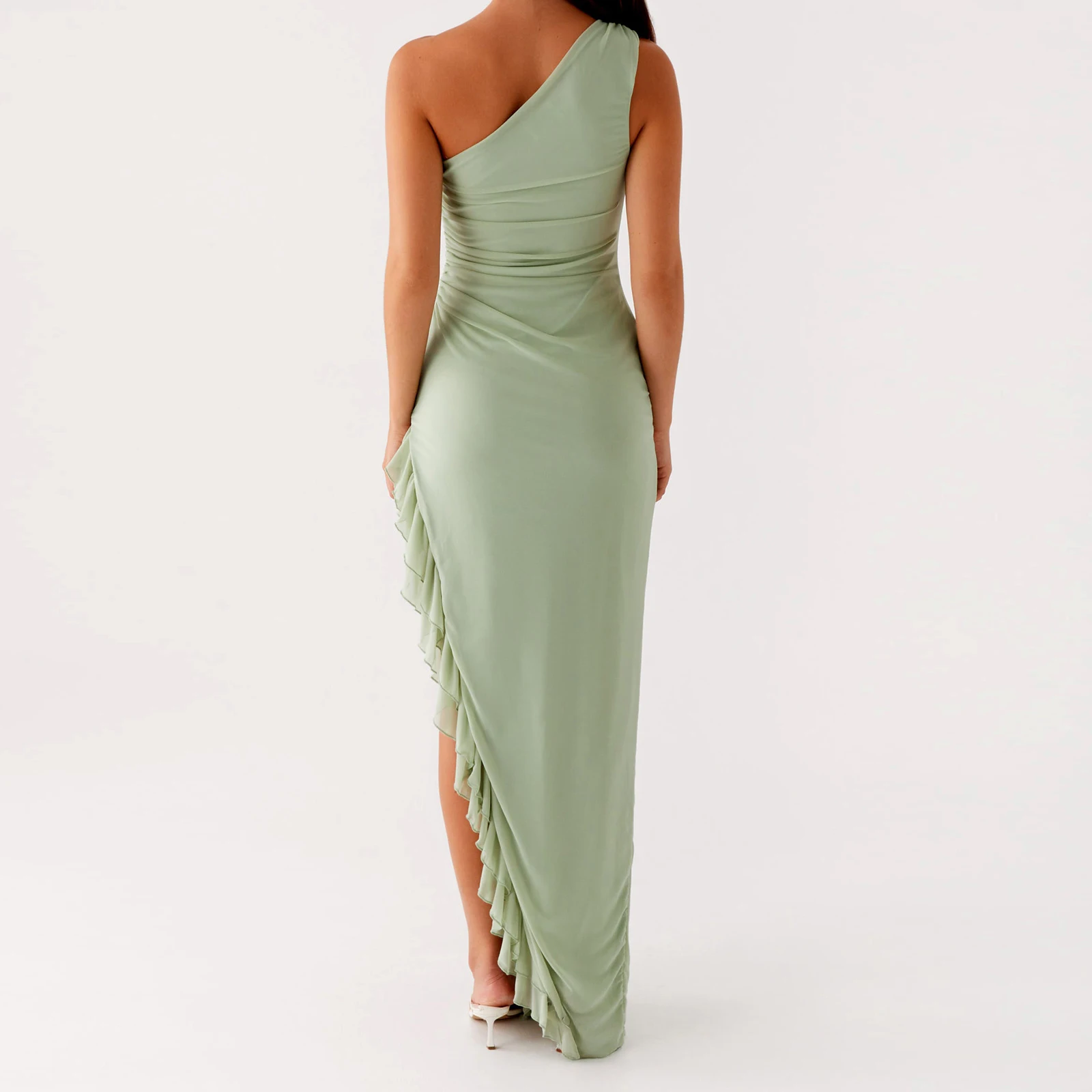 Women's Summer y2k Fairy Sleeveless One Shoulder Dress Solid Color Ruffles Elegant Backless Slim Fit Long Dress Club Party