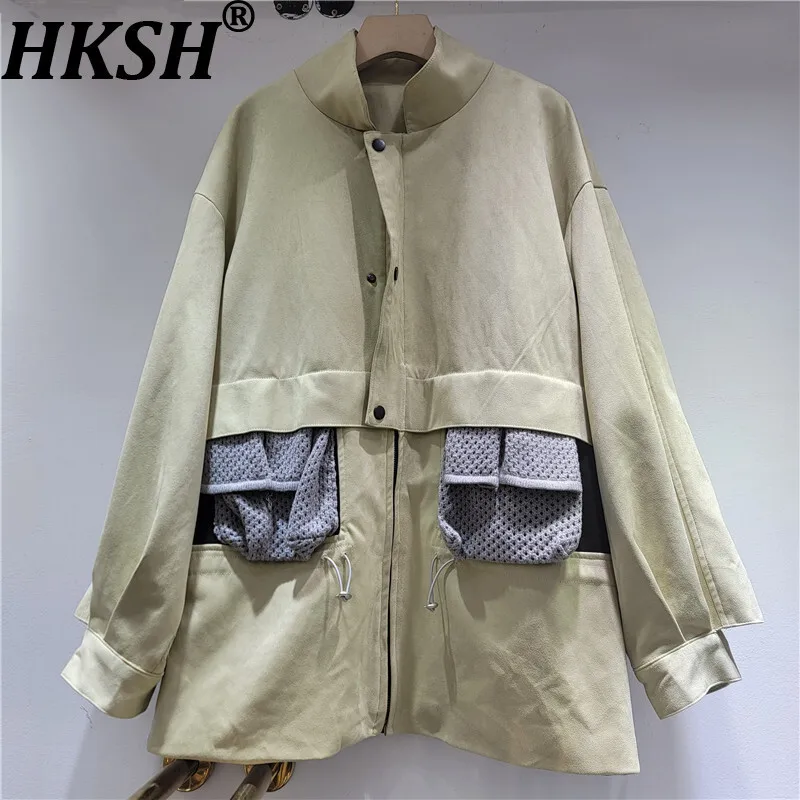 

HKSH Spring Autumn New Women Jacket Stand Collar Single Breasted Pockets Color Block American Retro Chic Ins Trench Coat HK13843
