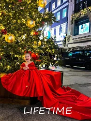 Red Flower Girl Dress with Long Train Girls Princess Wedding Party Dress Girl Birthday Dresses Fashion Girl Vintage Dresses