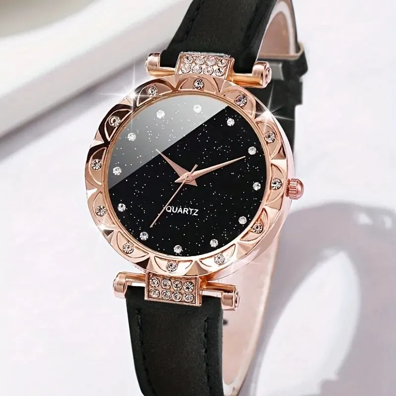 6pcs Ladies Fashion Casual Star Butterfly Digital Rhinestone Belt Quartz Watch Feather Love Crystal Bracelet Gift Set