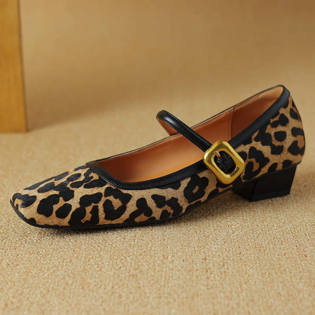 Plus size 34-42 women's horsehair leopard Mary Jane flats high quality soft comfort square toe elegant ladies slim daily shoes