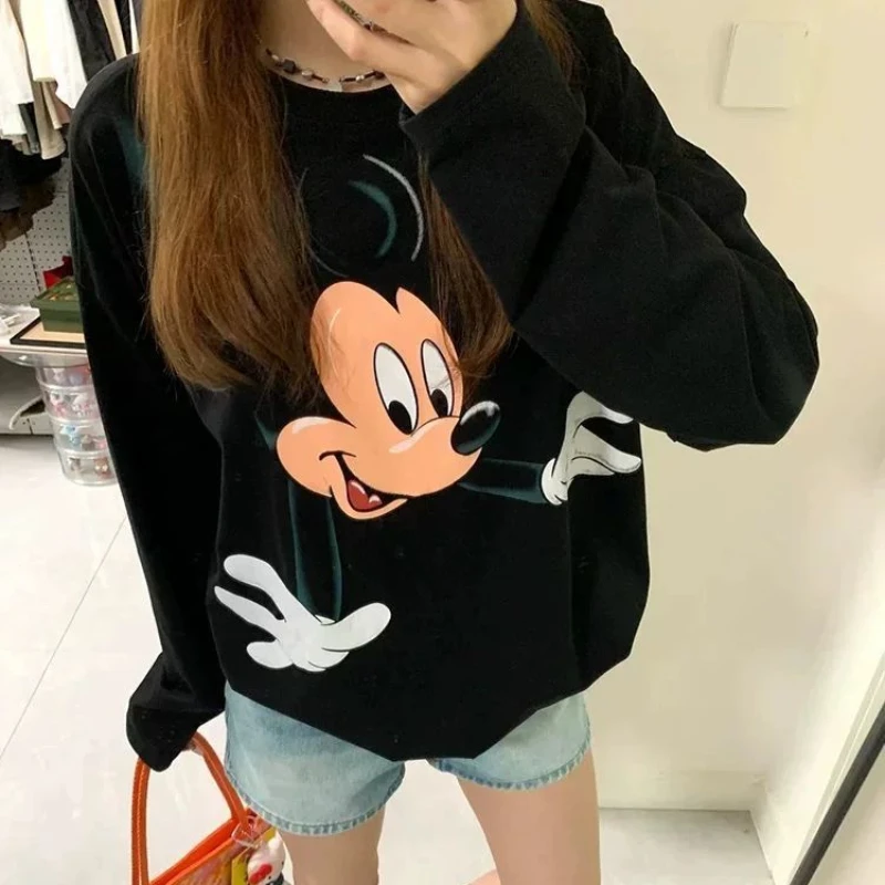 Disney Mickey Mouse Sweatshirt Cartoon Cotton Woman Printed Round Neck Long Sleeve T-shirt Autumn Winter Warm Bottom Shirt Gifts