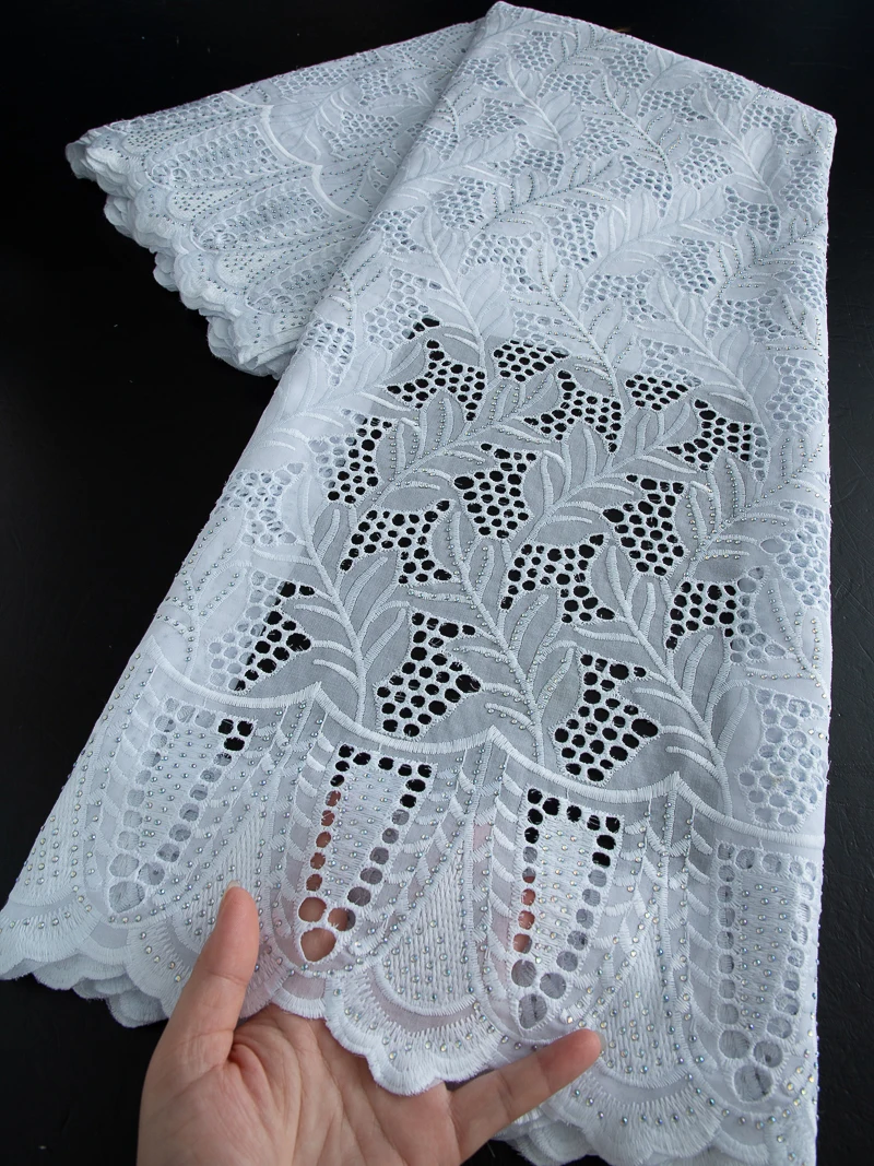 

Cotton African Lace Fabric Nigerian Swiss Voile Embroidery Fabrics Stones Sew Party Dresses For Women High Quality,2.5yards 4130