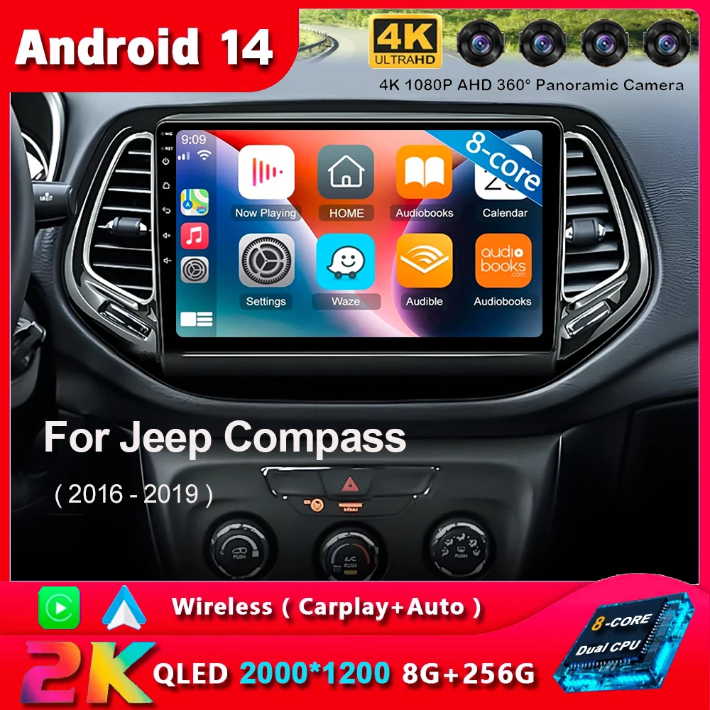 Android 14 Carplay Auto WIFI+4G For Jeep Compass 2017 2018 2019 Car Radio GPS Stereo Multimedia Video Player 2din Head Unit DSP