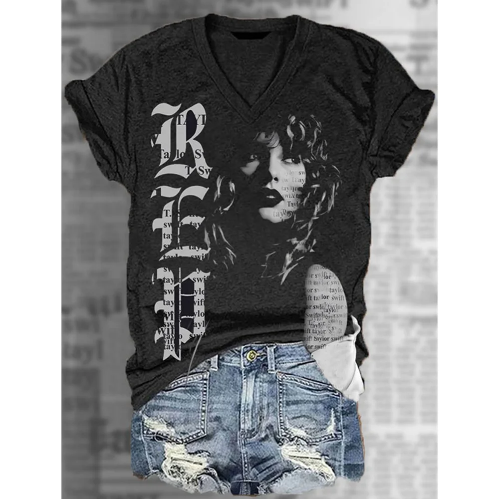 Taylor-Personagens 3D das mulheres T-Shirt, Harajuku T-shirt, manga curta, decote em V, extragrande Roupas femininas, moda casual