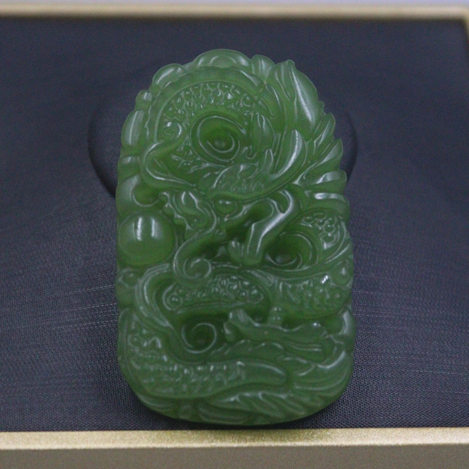 Natural Jade Jasper Lucky Men Women Gift Green Carved Dragon Oblong Pendant