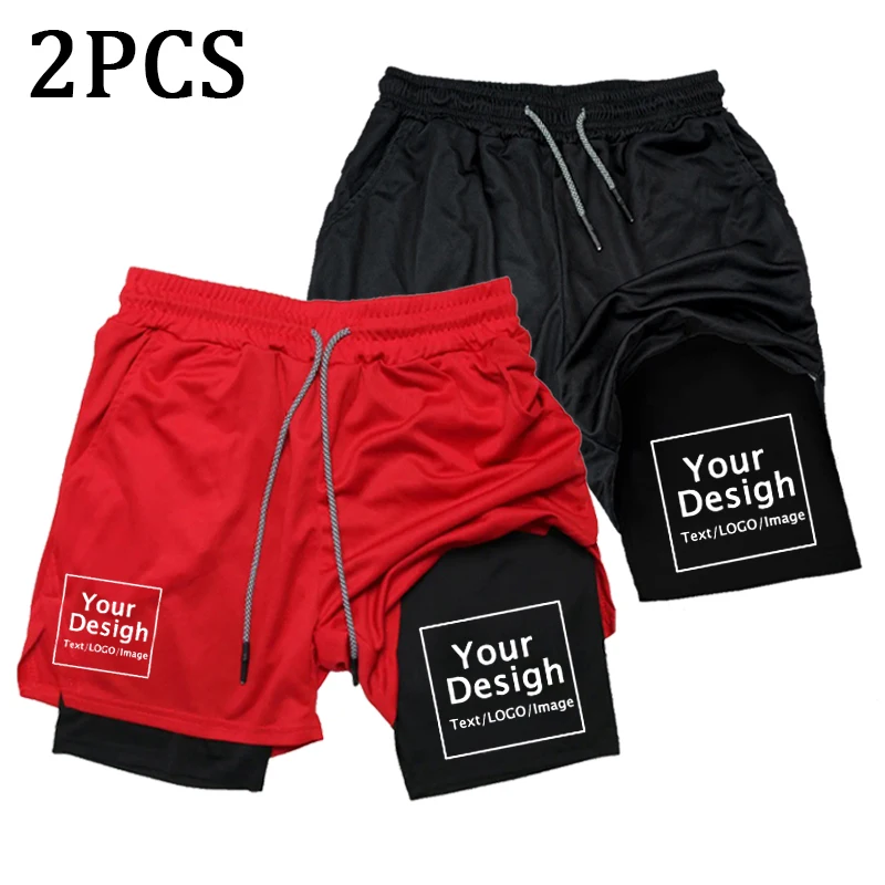 Your Own Logo Custom Running Shorts Men\'s 2 In 1 Sports Shorts Gym Quick Dry Workout Double Layer Short Pants Beach Shorts 2pcs