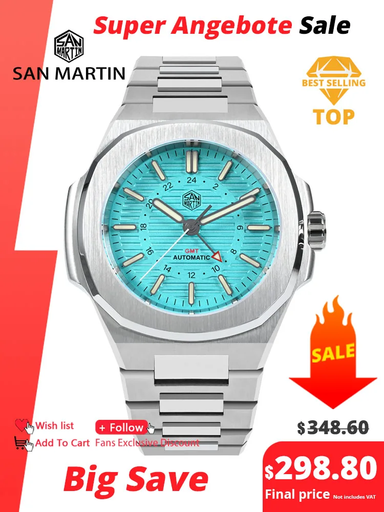 

San Martin Mens Watch New 43mm GMT Classic Business Luxury Automatic Mechanical Watches for Men Sapphire 10Bar BGW-9 Luminous