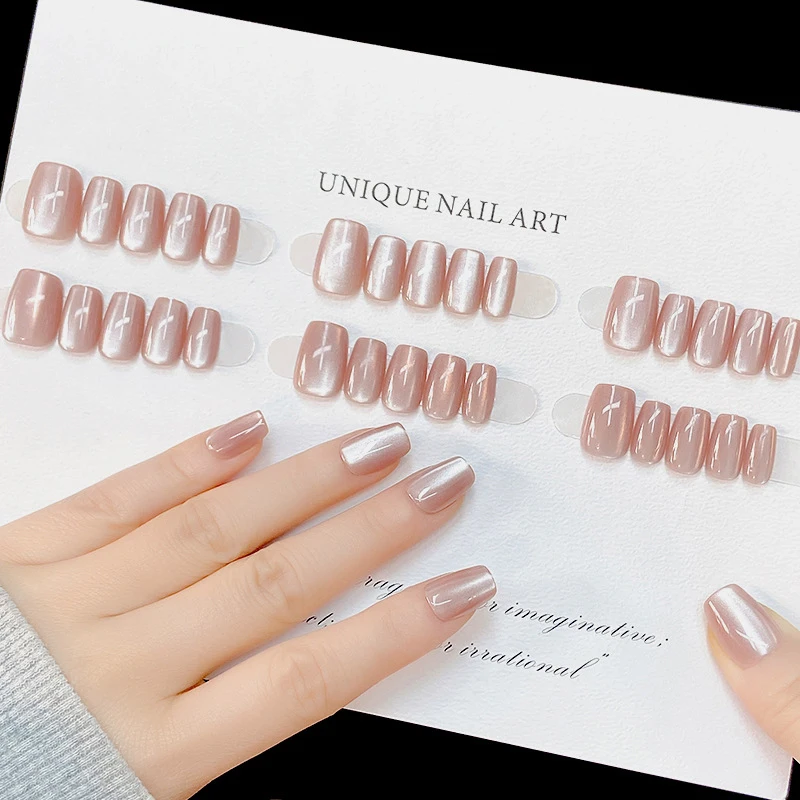 30 Pcs/Set Champagne Cat Eye Short Wear Nail Wide Light Ice Tea Milk Tea Ice Flash Pure Nude Cat Eye Wear Nail Hand Work