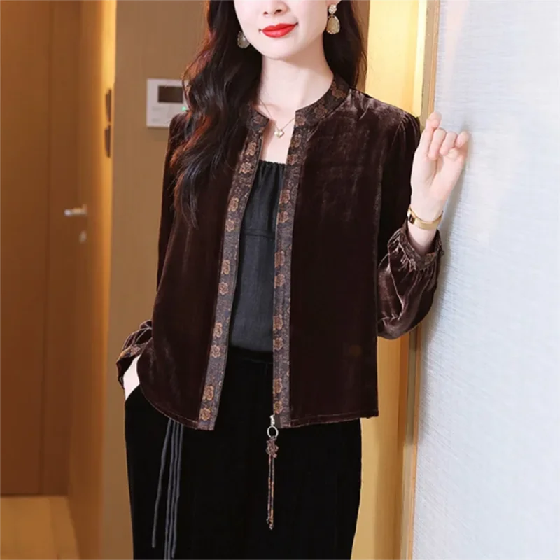 

Retro Coats For Women Round Neck Gold Velvet Outwear Chinese Coat Bow Zipper Female Jacket Thin Top Art Patchwork Short Coat