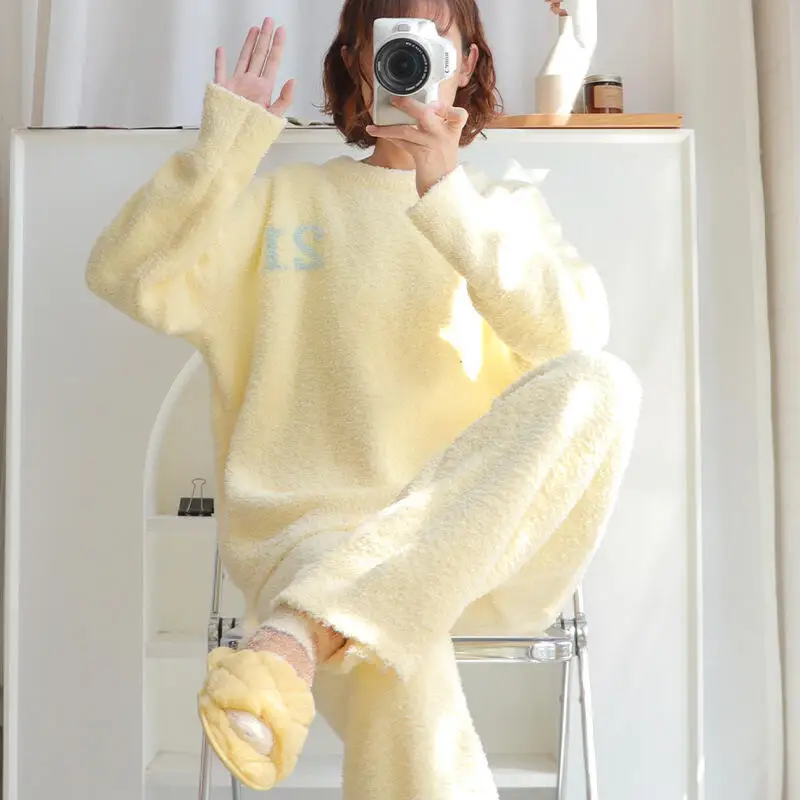 

Пижамный комплект для девочек, одежда для сна, утолщенная ночная рубашка из кораллового флиса, женские брюки с длинными рукавами, теплая домашняя одежда для отдыха, осень-зима