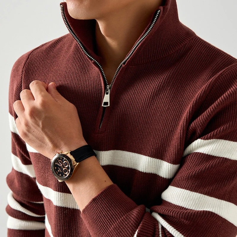

Men's Half-Zip Ribbed Knit Sweater - Navy Blue & White Stripe Athletic Stripe Design​ Casual Wear Everyday Essential