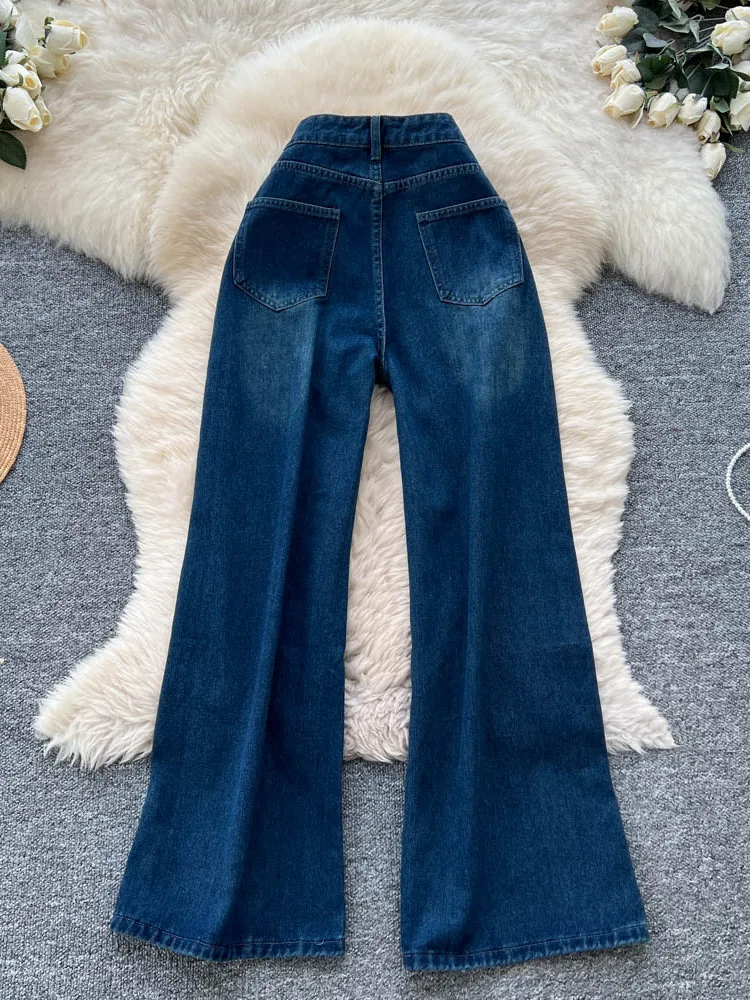 Jeans Retro Americanos de Cintura Alta con Efecto Desgastado para Mujer, Plones Anchos Casus de Pierna Ancha, Moda Oto...