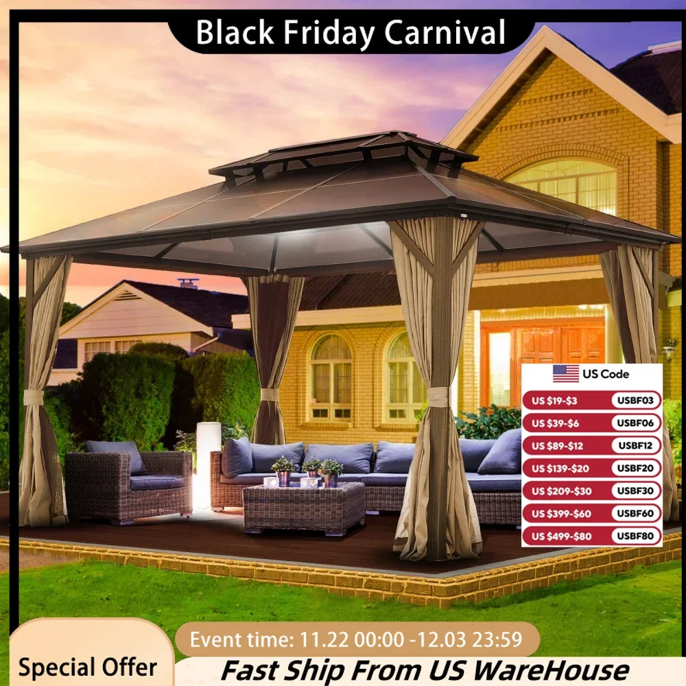 

10X13ft Patio Gazebo with Netting & Curtains, Outdoor Aluminum Gazebos Grill Double Canopy for Deck Backyard,Hardtop Gazebo