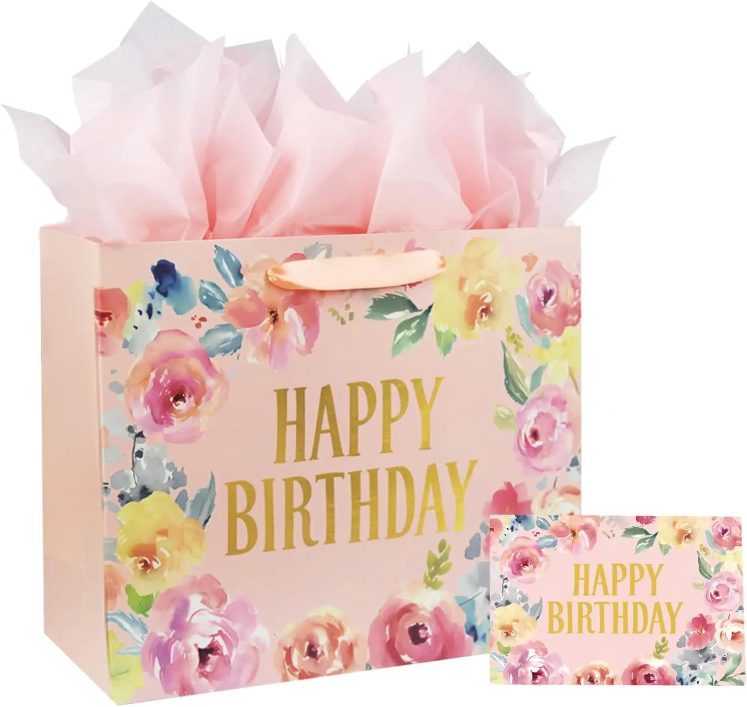

Large Happy Birthday Gift Bag with Card and Tissue Papers, Handles Floral Design for Women Girls Birthday Party (13' Pink)