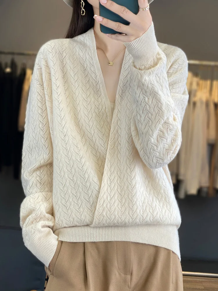 

Hollow Out Cashmere Sweater 100% Merino Wool Knitwear Spring Autumn Women V-neck Pullover Office Lady Elegant Soft Comfort Tops