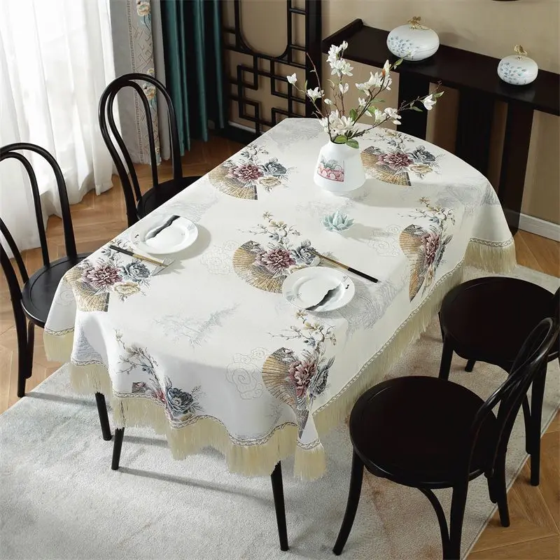 

Tablecloth Oval Fan Jacquard Luxury Table Cloth with Tassel Postoral Style Farmhouse Table Cover 200cm for Dinning Table