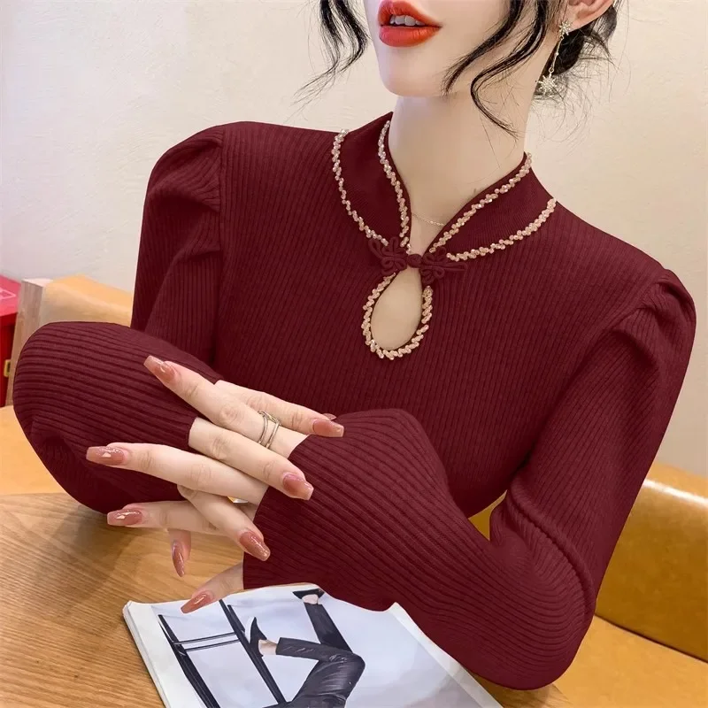 Chinese Style Women's Sweater Autumn/Winter Thickened 2024 New Arrival Hollow Bead High-End Feel Long Sleeve Base Layer Top