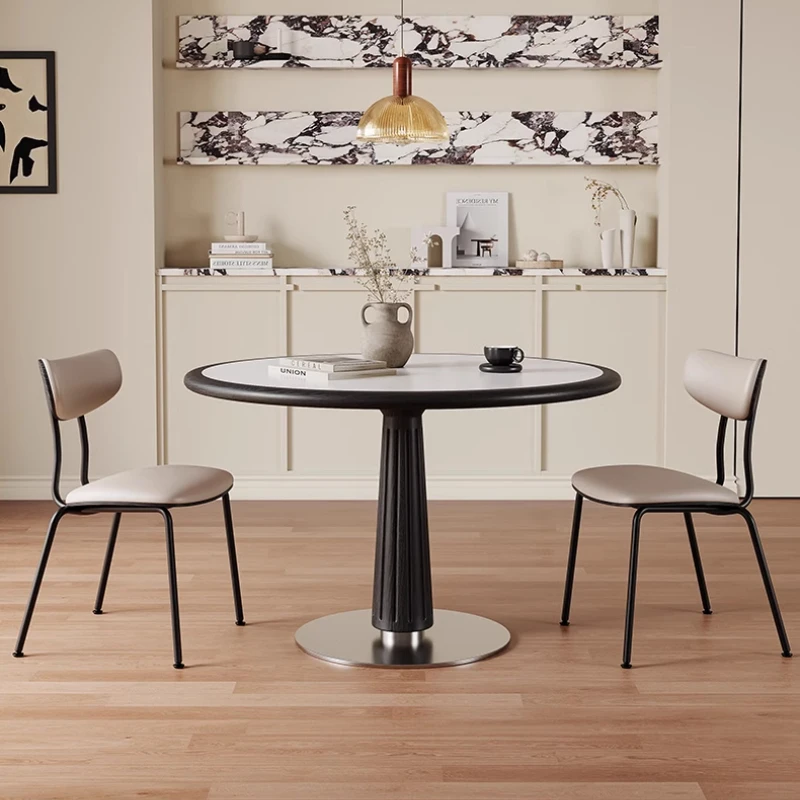 

Современный минималистичный небольшой блок, светильник, роскошная каменная плита, круглый стол для переговоров, небольшой круглый стол, металлический черный стол из массива дерева