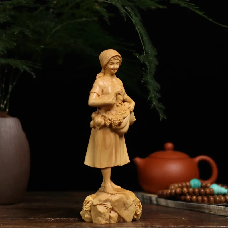 Hand Carved Boxwood Wooden Farmer Woman Statue Figurine - Traditional Chinese Folk Culture Harvest Ornament Home