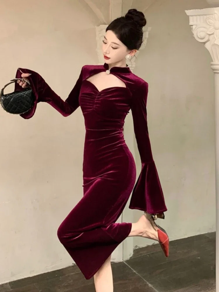 Ezgaga Temperament Dresses Women Hollow Out Flare Long Sleeve French Style Chic Hollow Out Velvet Dress Sexy Vintage Party