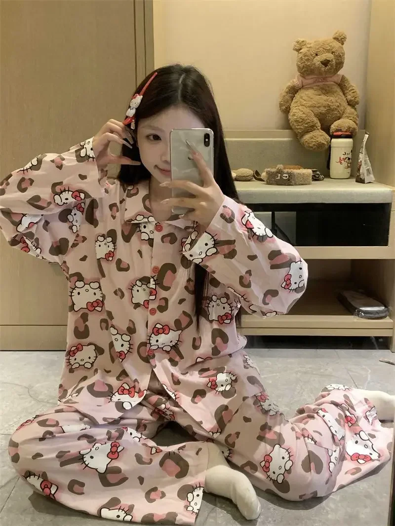 Sanrio Leopard Print HelloKitty Pajamas Women Spring and Autumn Long Sleeves Trousers Loose Comfortable Girly Pajamas KawaiiGift