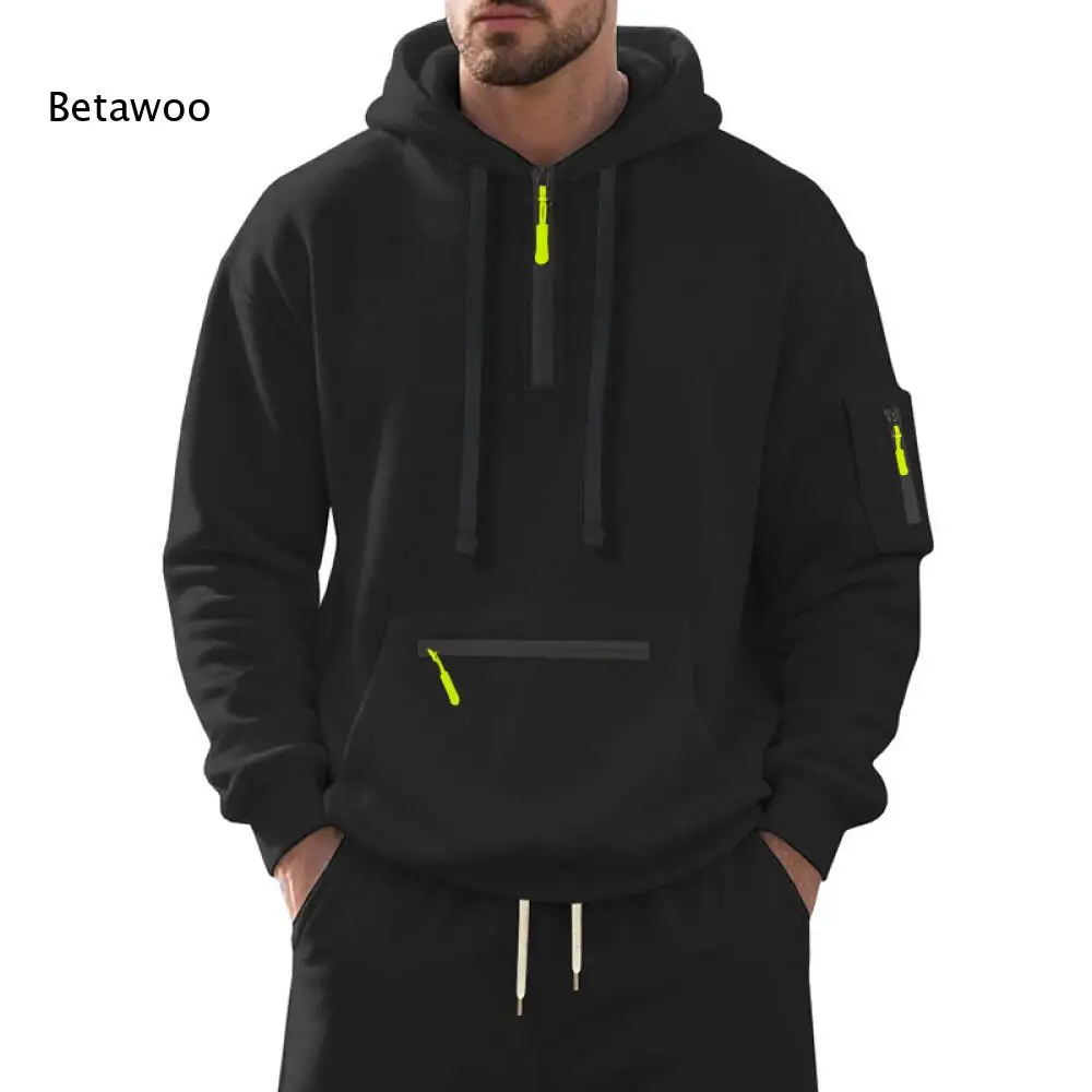 Men Long Sleeve Half Zip Hooded Top Solid Hoodie With Multiple Zipper Pockets For Sports Fitness And Casual Daily Dressing