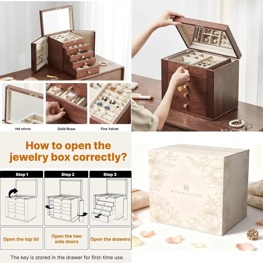 

Пятиуровневая шкатулка для украшений из орехового дерева с зеркалом, запираемая, элегантная, для подарков на День святого Валентина