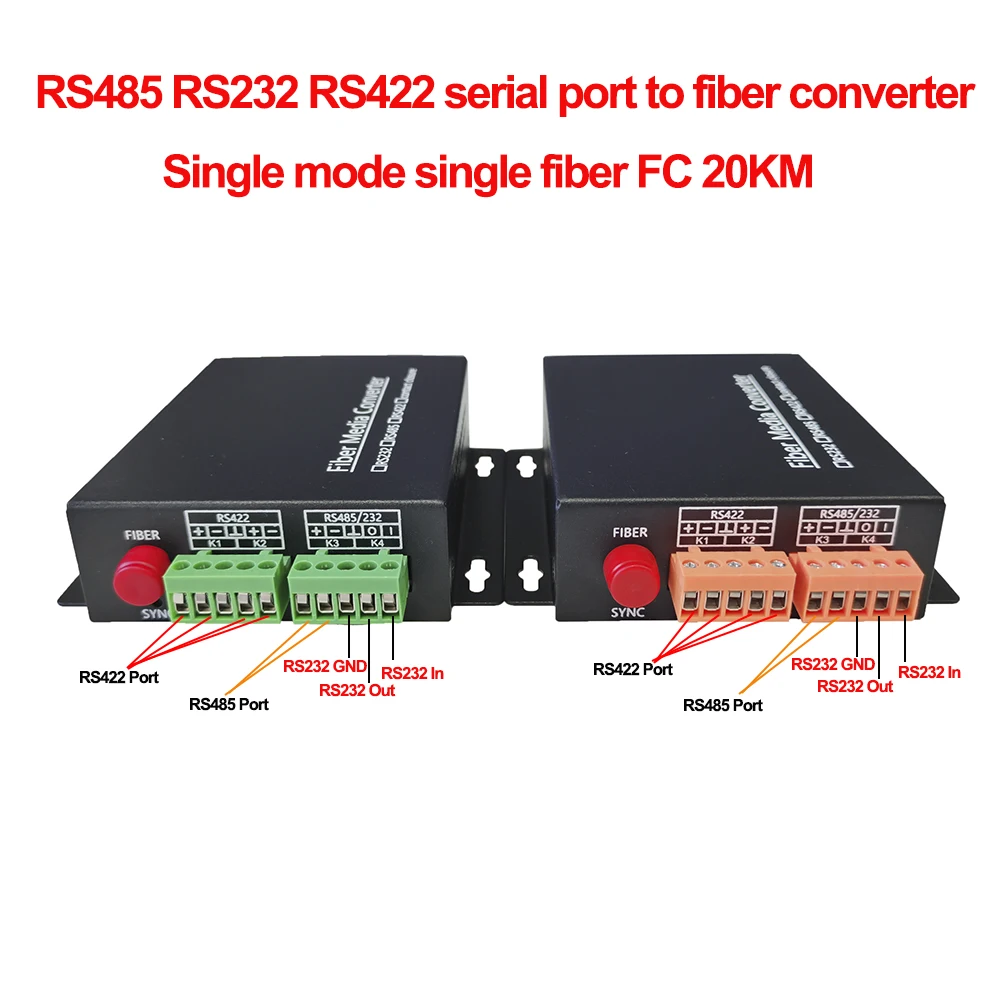 RS-232/422/485 serial port to fiber converter RS-485, RS-422, RS-232 to fiber optic single fiber SM FC