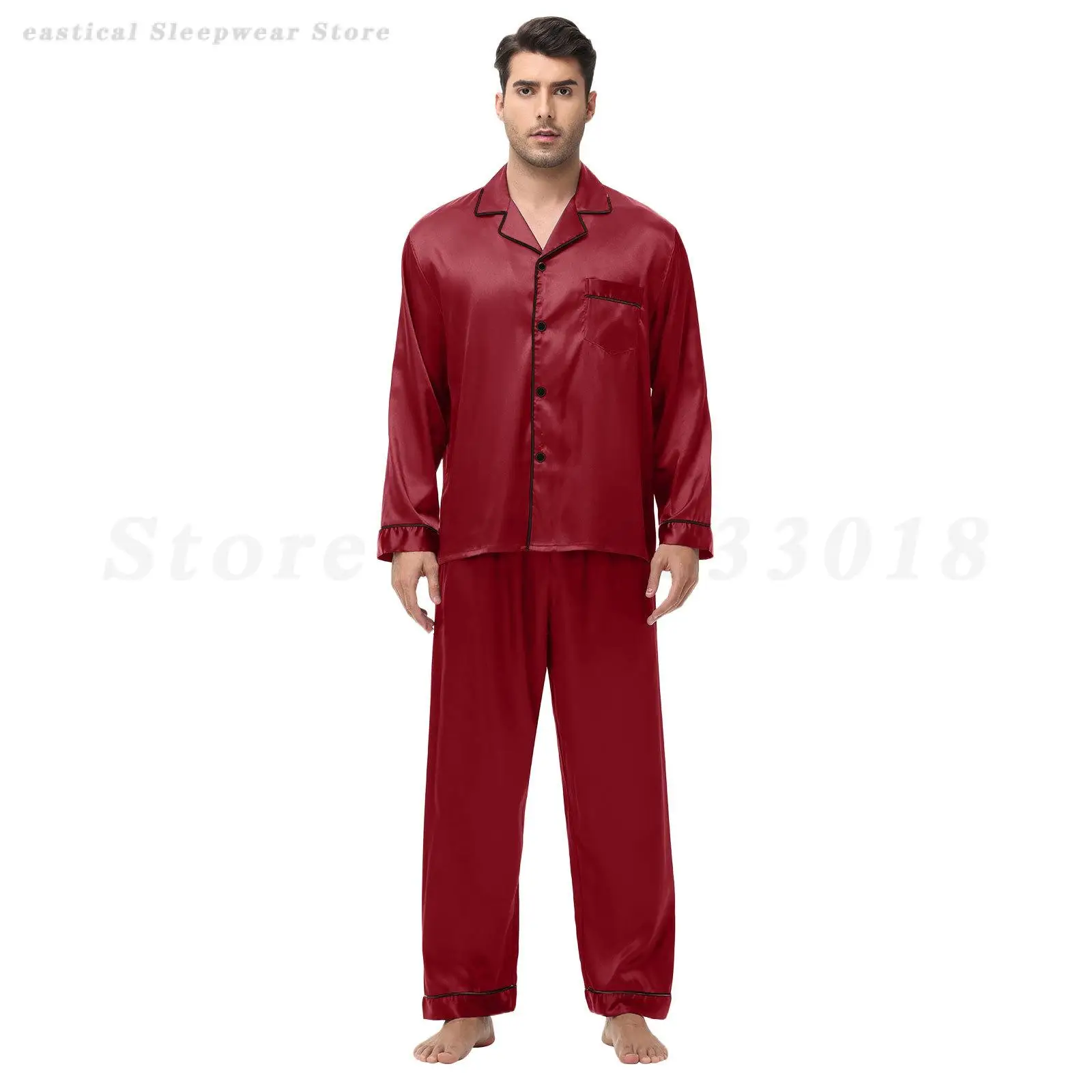 Men Satin Pajamas Set 2PCS Shirt&Pants Solid Color Pyjama Suit Long Sleeve Lounge Wear Sleepwear Loose Casual Nightwear Homewear