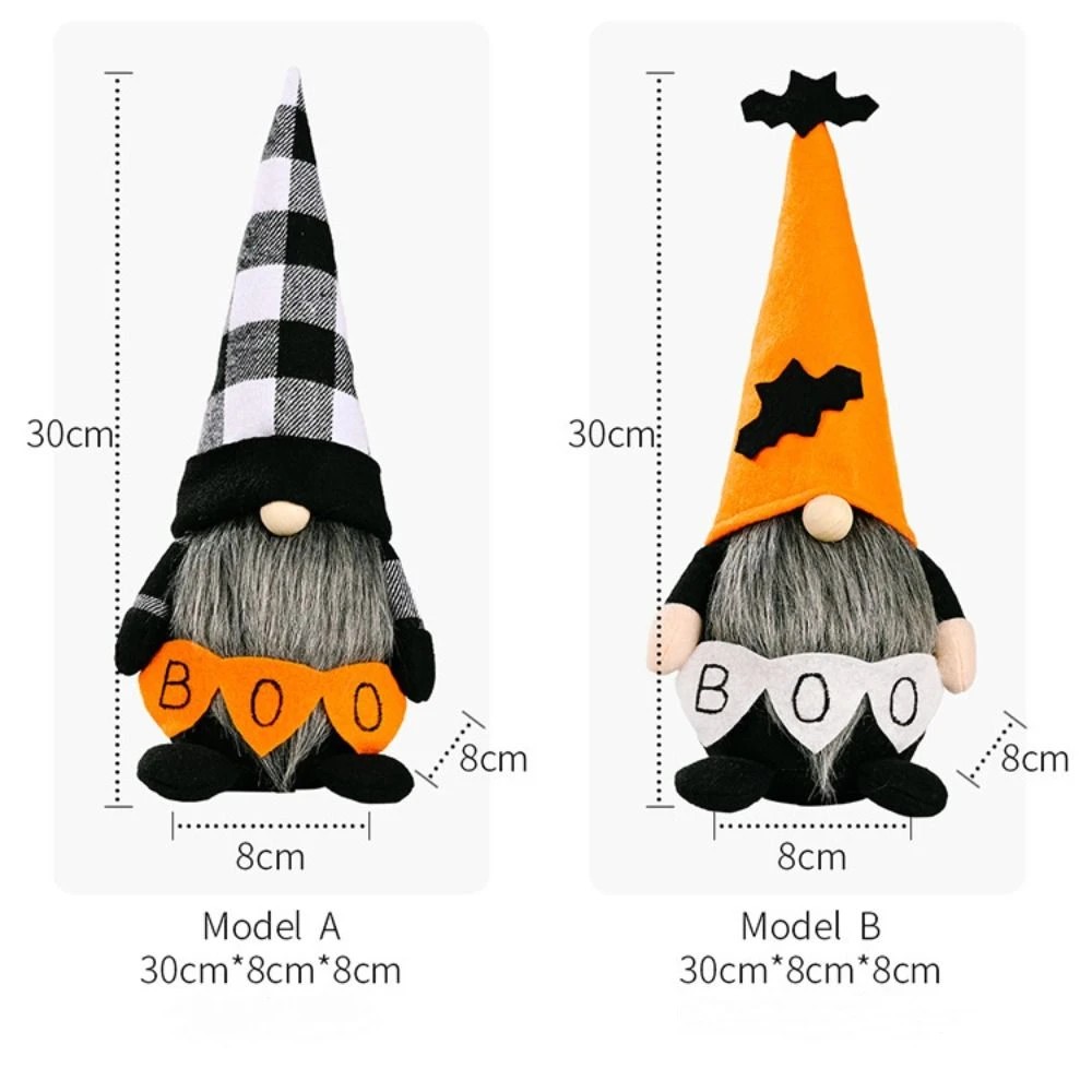 Poupées nains elfes à longue barbe pour Halloween, chauve-souris, chapeau orange Boo, poupées naines en pain d'épice, décorations de gnomes d'Halloween faites à la main à carreaux