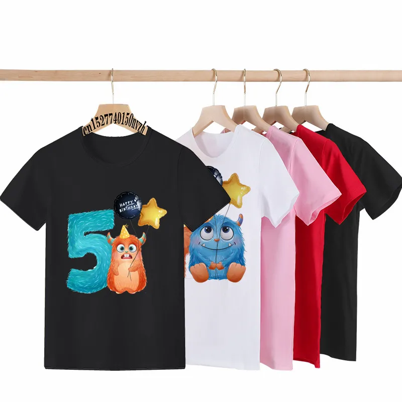 Cartoon Monster Birthday Number 1-9th Black Children T-shirt Kid Party Gift Present Clothes Baby Group Tops Tee,Drop Ship