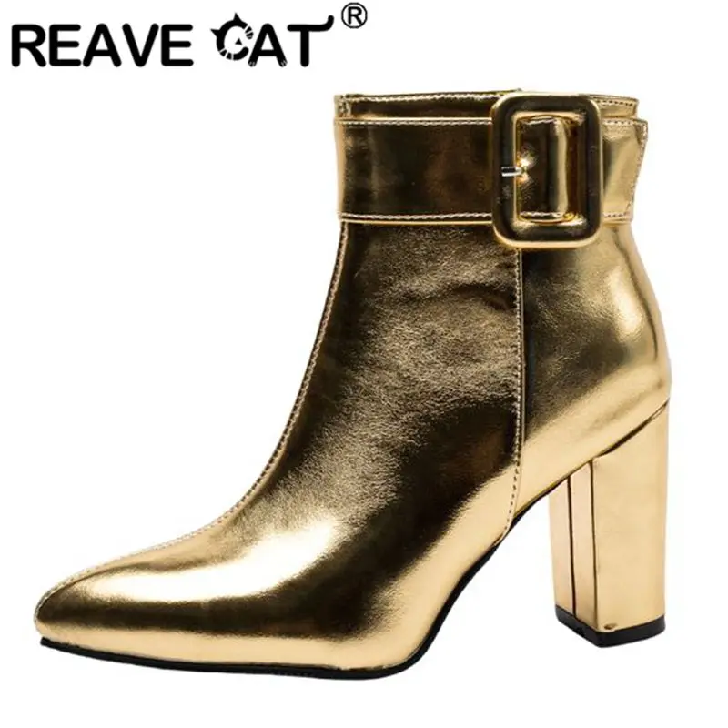 REAVE CAT 2024 Women Ankle Boots Pointed Toe Chunky Heels 8.5cn Size 45 46 Fashion Dating Party Bota