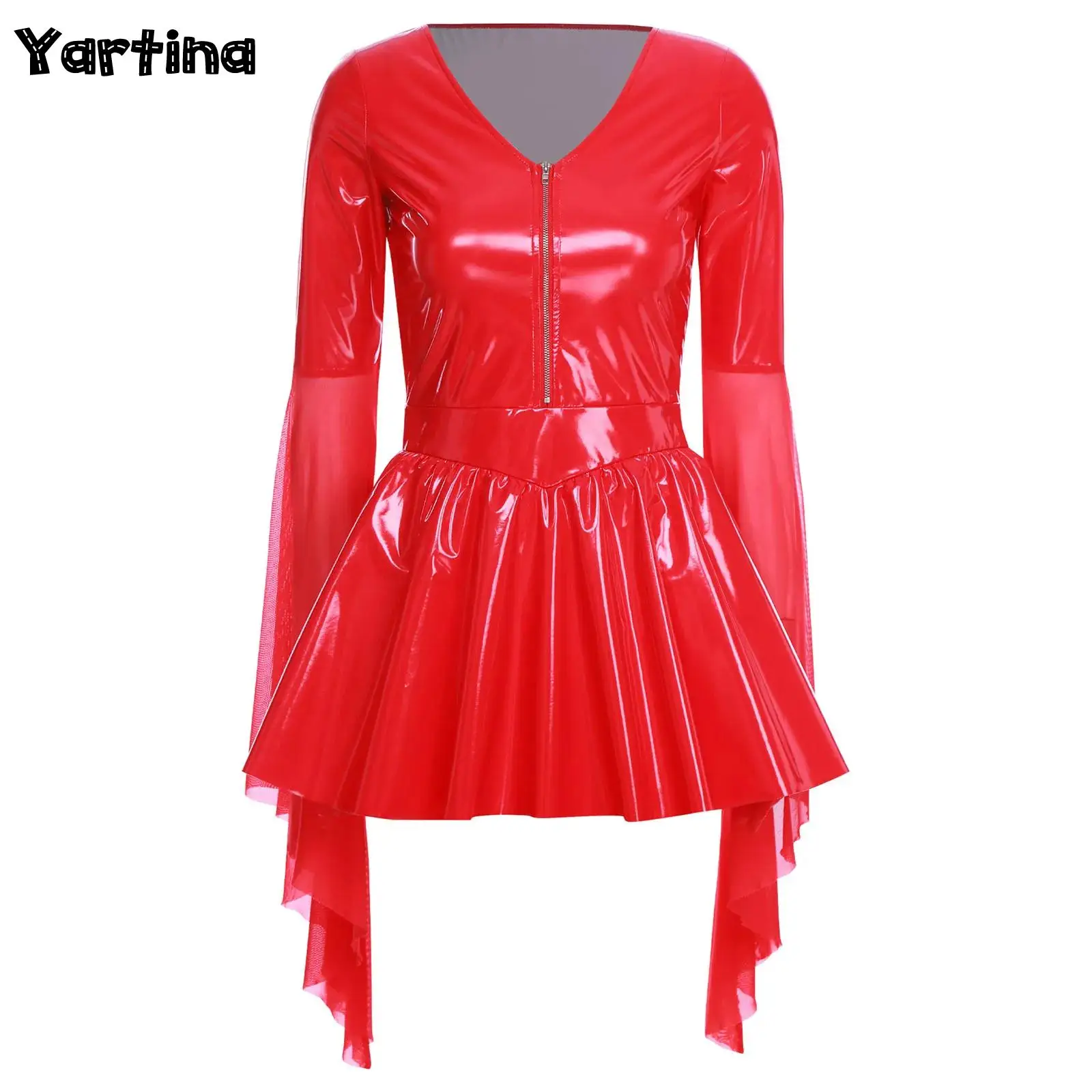 

Women Latex Dress Deep V Neck Mesh Long Sleeves Mini Dress Shiny Faux Leather Dress Halloween Costume Rave Party Punk Club Wear