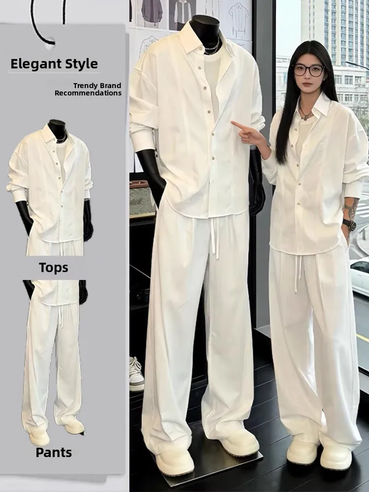 

White Linen Men's Shirt Long Sleeve Summer Fashion Set High-End Feeling Cool Handsome Men's Shirt Couple's Outfit Set