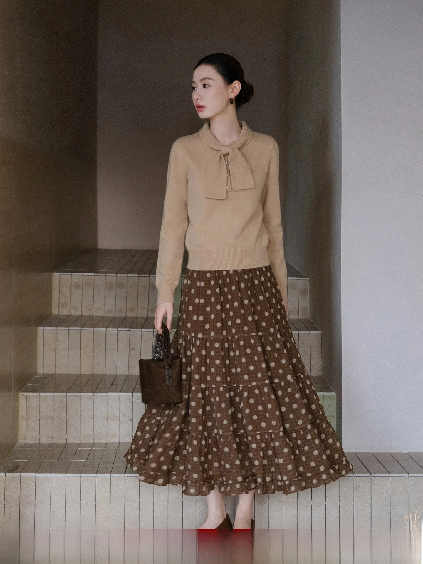 

XXNING Retro Polka Dot Wood ain Splicing Cake Skirt Women's Autumn Winter New High Waist Slim A-Line f Skirt