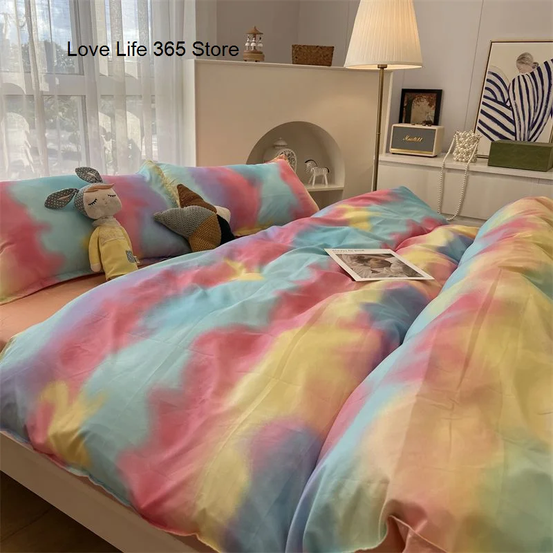 INS Tie-dye Gradation Bedding Set Korean Style Girls Boys Double Size Flat Sheet Duvet Cover Pillowcase Bed Linen Home Textile