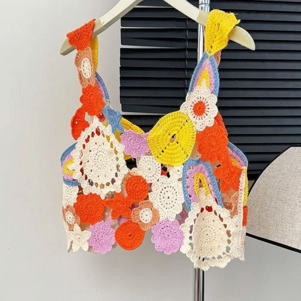 

Модная милая вязаная бретелька с цветочным принтом без рукавов, красочный вязаный крючком укороченный топ в стиле пэчворк, пляжная одежда, полый трикотаж, женский дорожный