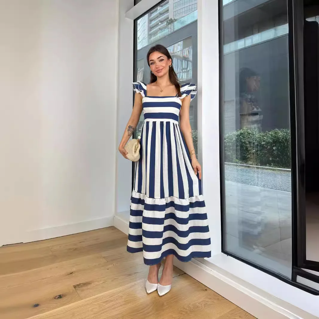 

25 Summer New Women's Comfortable And Elegant One Collar Striped Strap Dress 88130